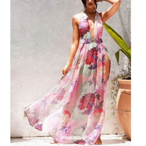 Stunning Floral Plunging Neck Backless Split Thigh Chiffon Maxi Dress - Picture 5 of 7